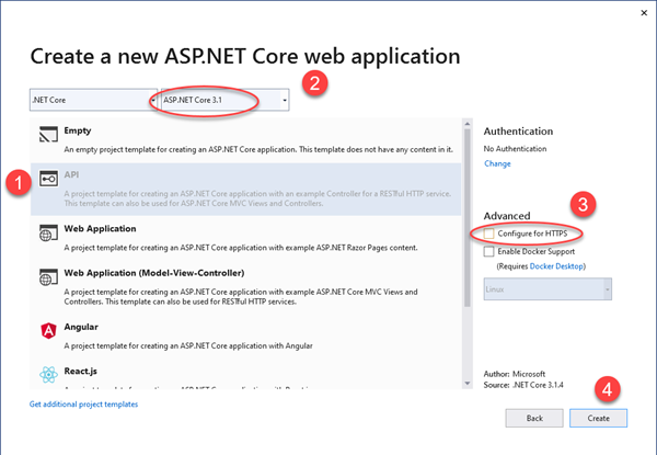 Create a new ASP.NET Core web application - no https